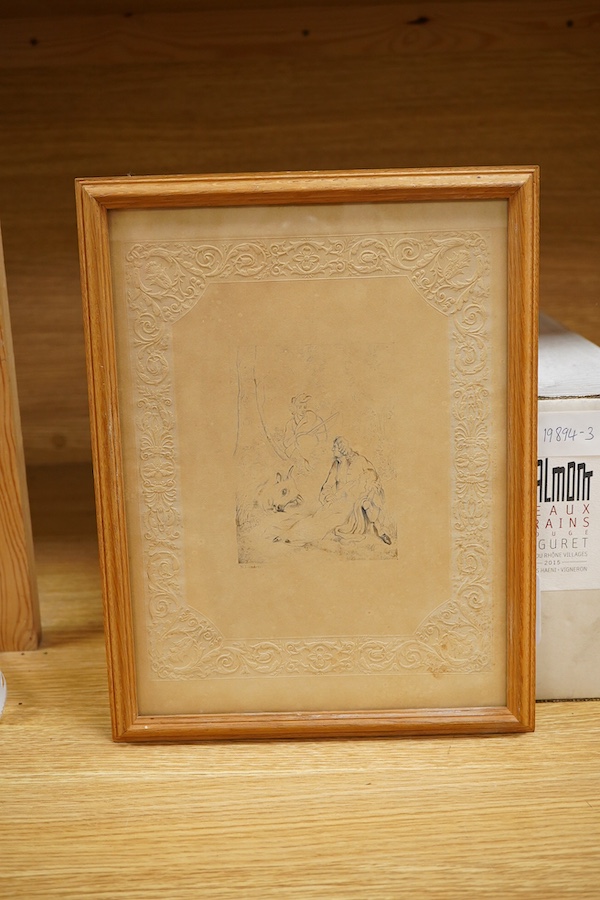 After Sir Edwin Landseer RA (1802-1873), Figural study with figures seated beneath a tree, print on embossed paper, 28 x 20cm